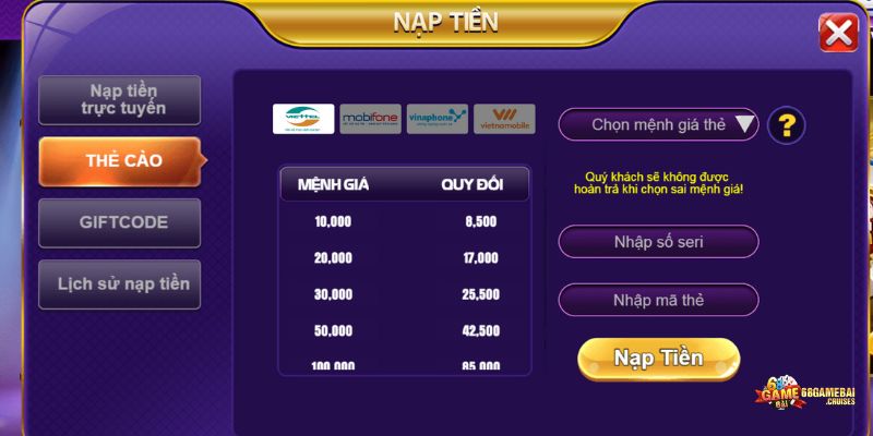 cách nạp tiền 68 game bài